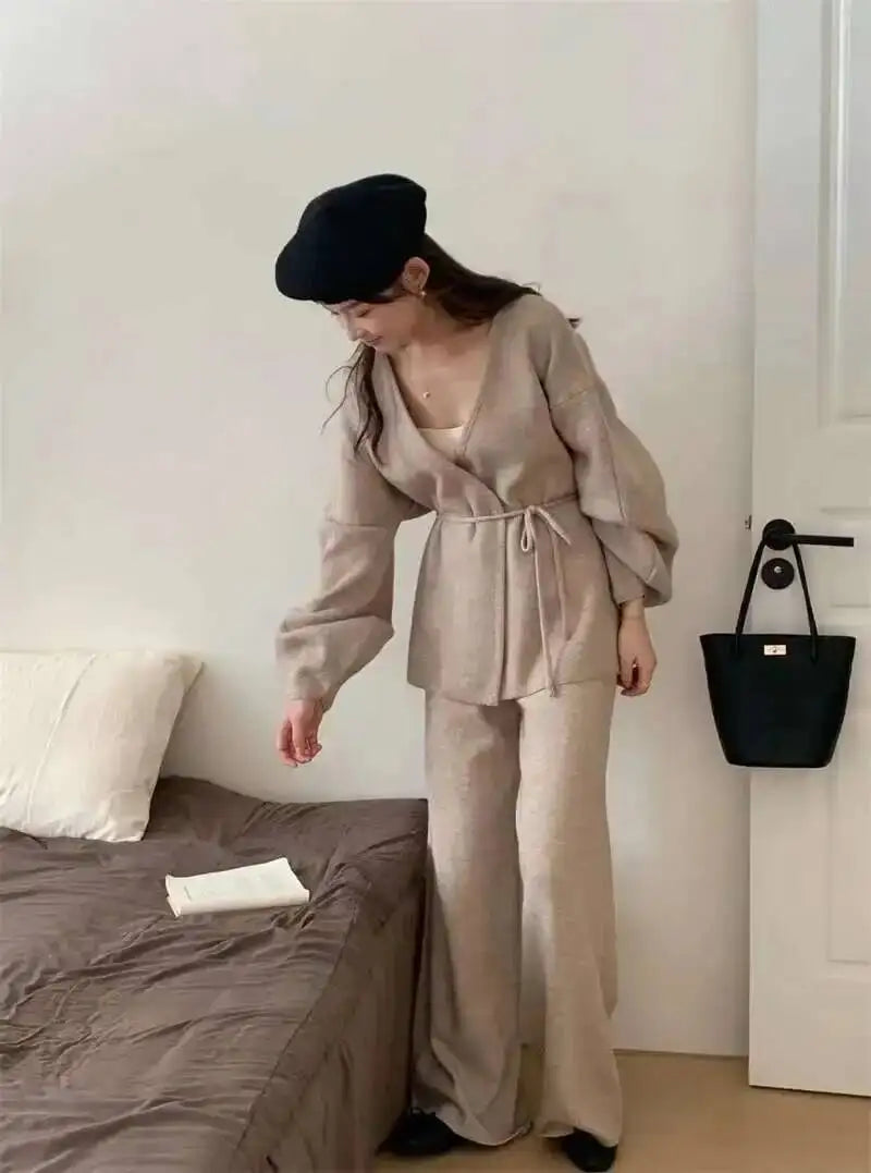 Casual Long Sleeve Sweater And High Waist Trousers Knit Set