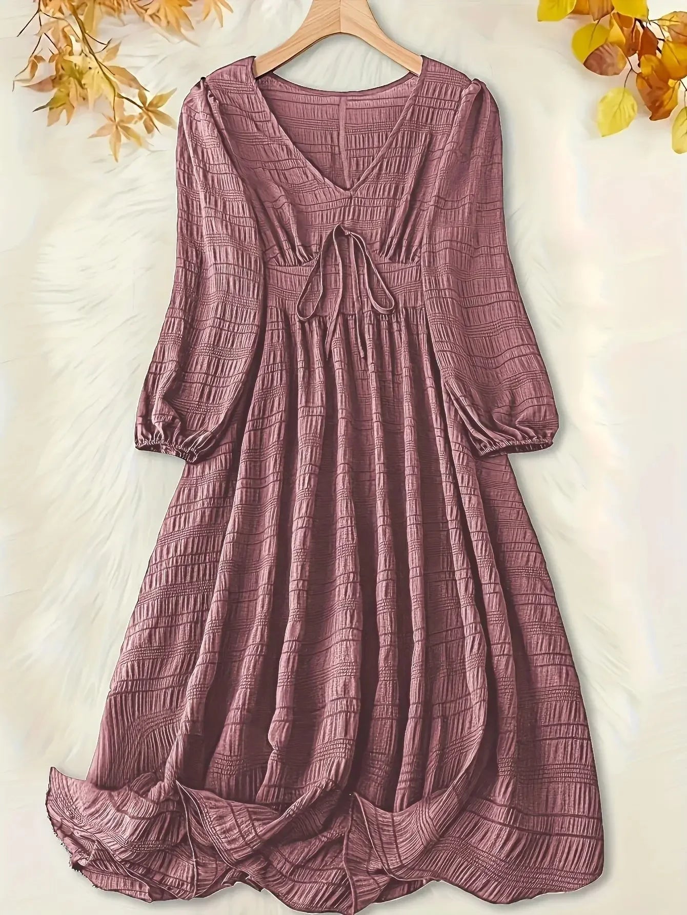 Plus Size Women's  Dress with Textured Lantern Sleeves and V-Neck Tie Front Midi Dress