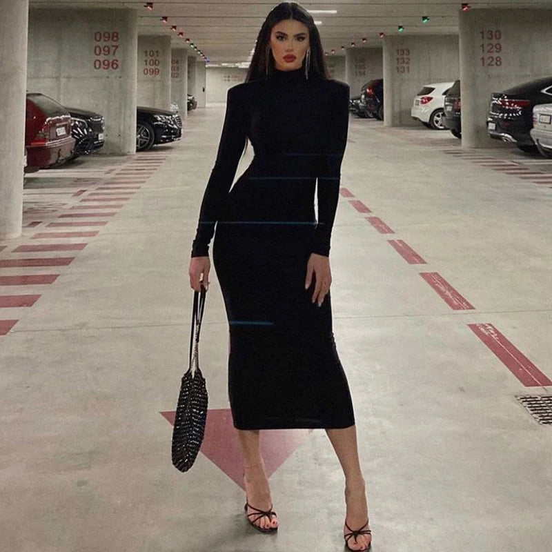 Long Sleeve Turtleneck Black Bodycon Maxi Dress