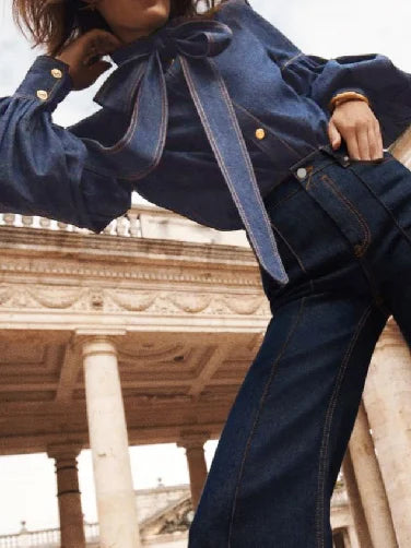 Denim Blouse with Long Puff Sleeves and Bow