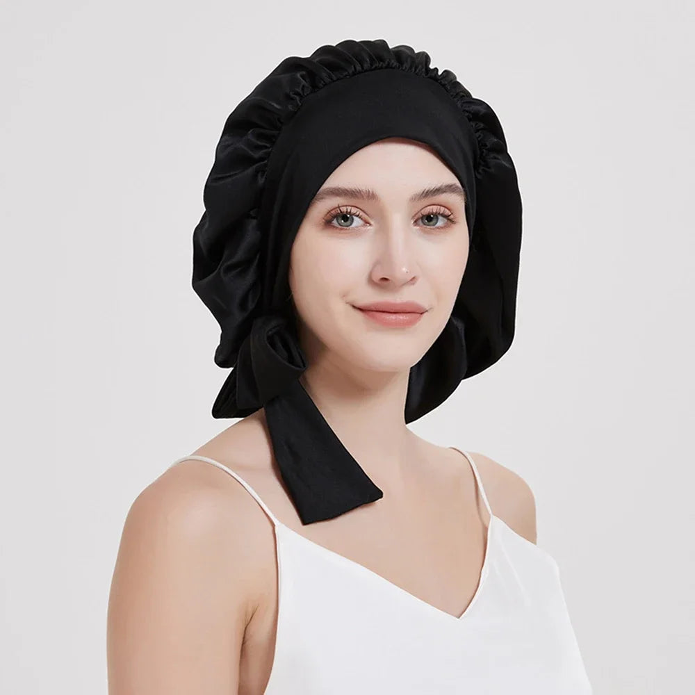 100% Mulberry Silk Sleeping Bonnet Curly Hair Adjustable Satin Sleep Cap With Wide Elastic Band