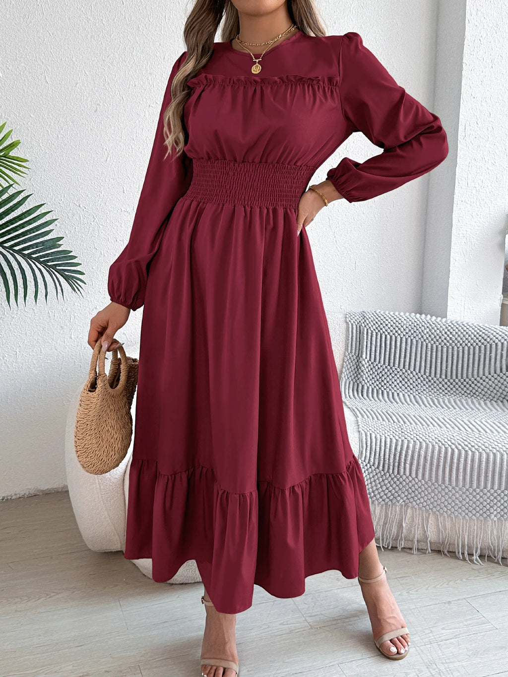 Women's Casual Elegant Round Neck Long Sleeved Waist Cinched Lotus Leaf Edge Dress