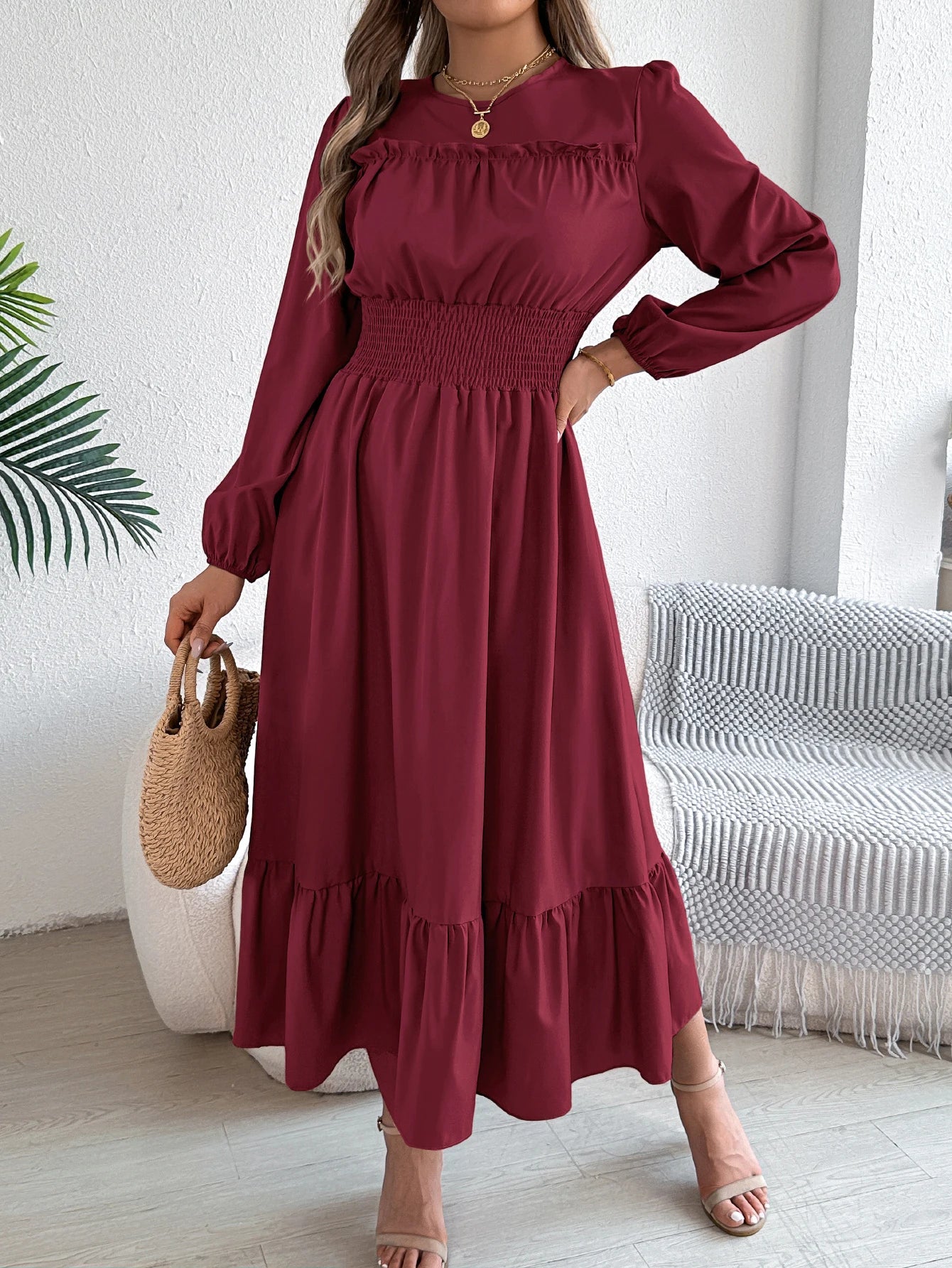 Women's Casual Elegant Round Neck Long Sleeved Waist Cinched Lotus Leaf Edge Dress