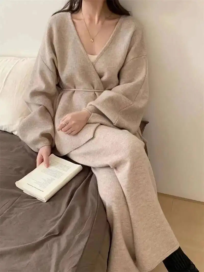 Casual Long Sleeve Sweater And High Waist Trousers Knit Set