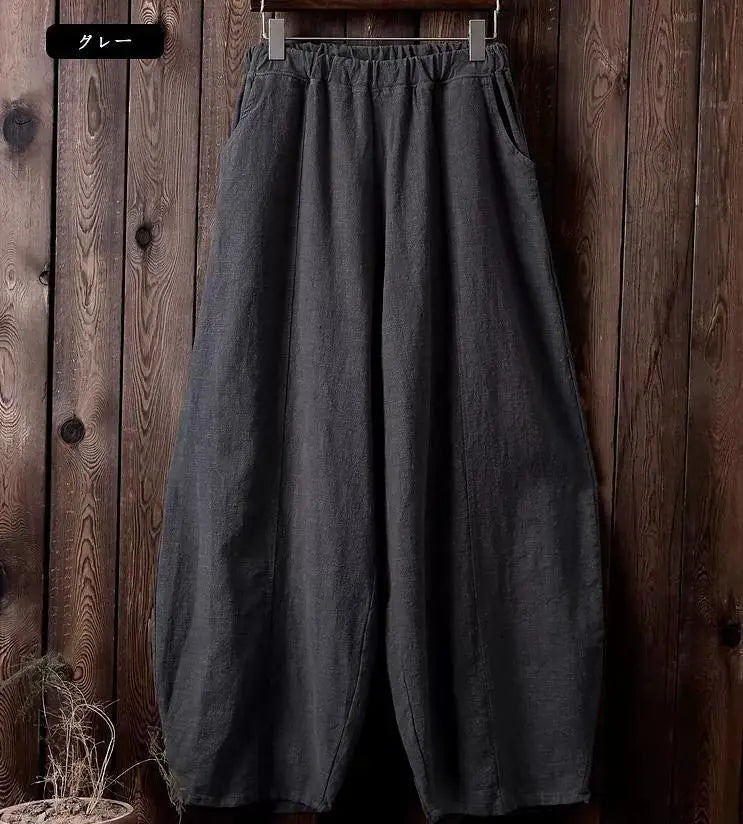 Women's Cotton Linen Wide Leg Pants with Elastic Waist