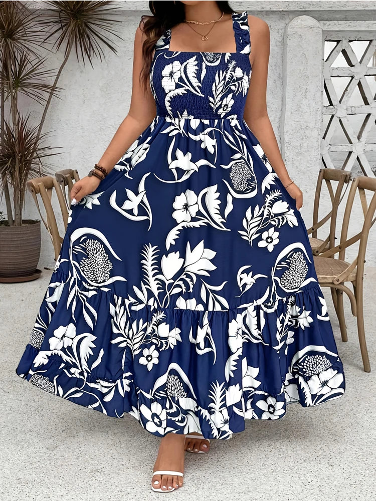 Plus Size Summer Floral Halter Dress with Ruffle Hem