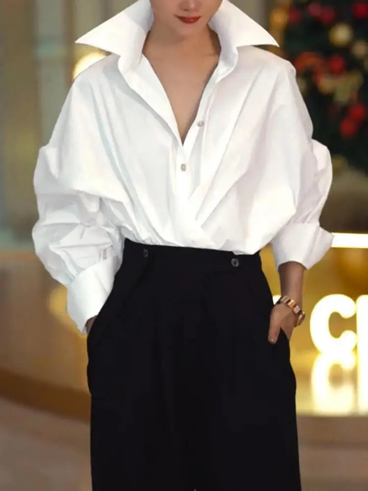 White Lapel Long Sleeve Blouse