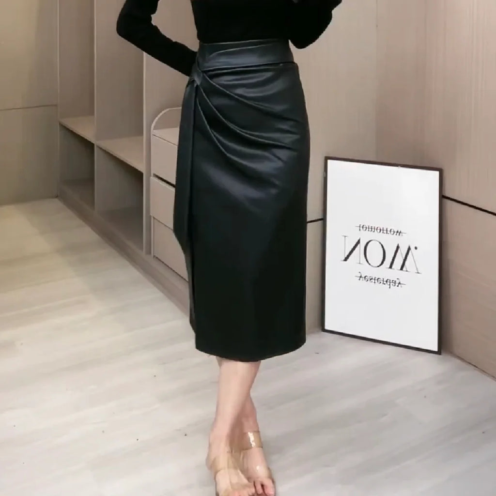 Slim Fit PU Leather Midi Skirt with Sash