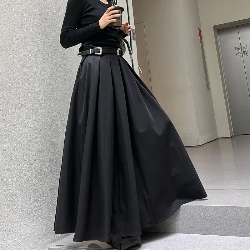 Black Pleated High-Waist Long Skirt