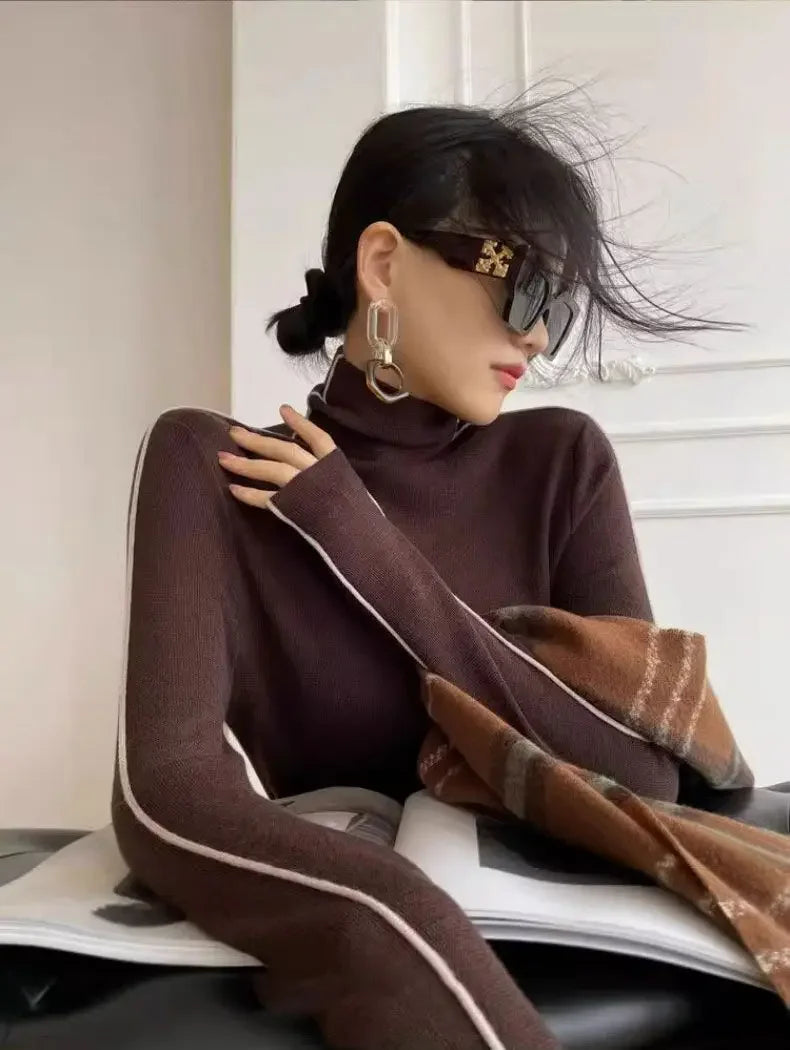 Long Sleeve Knit Turtleneck with Striped Sleeves Sweater Top