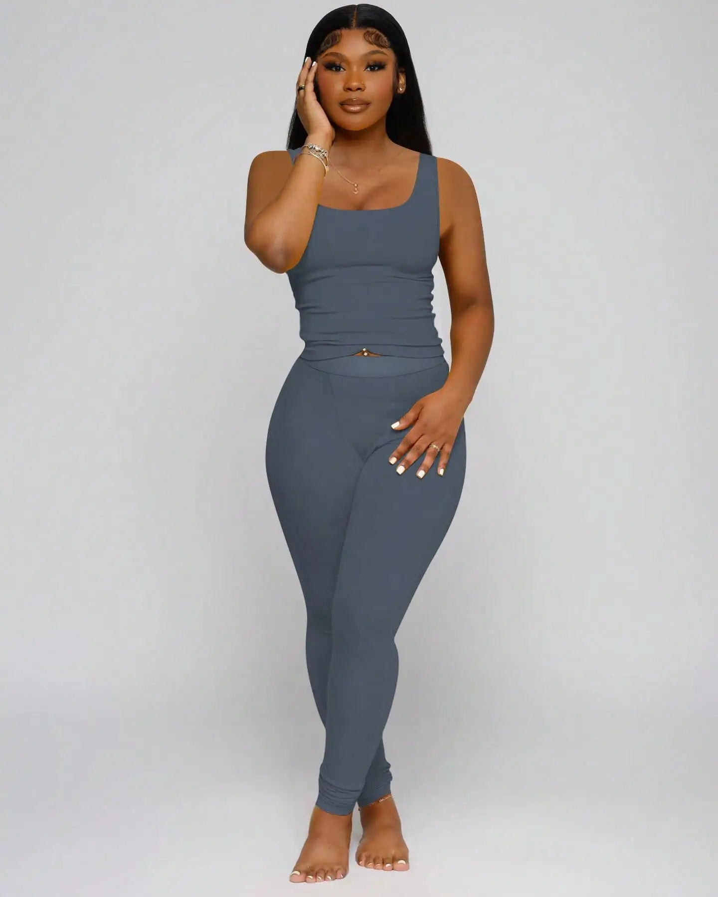 Ribbed Crop Tank Top and High Waist Leggings Set for Women