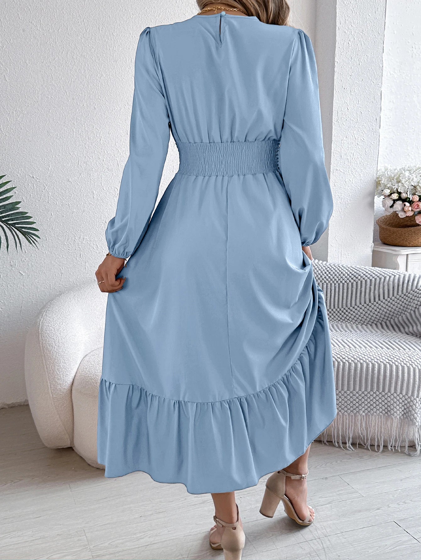Women's Casual Elegant Round Neck Long Sleeved Waist Cinched Lotus Leaf Edge Dress