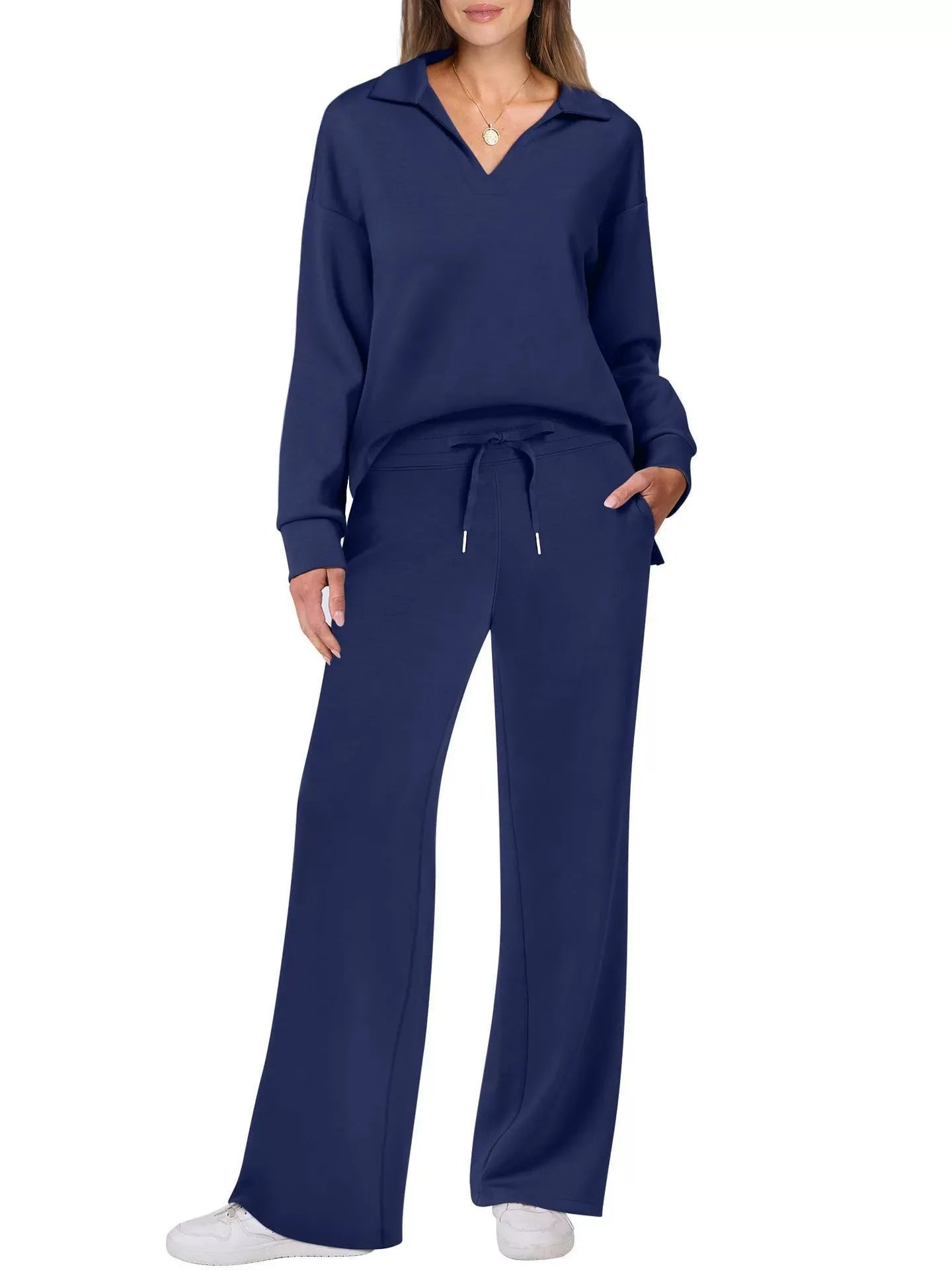 Loose V-neck Long-sleeved Top with Drawstring Design Elastic Waist Flared Long Trousers Two Pieces