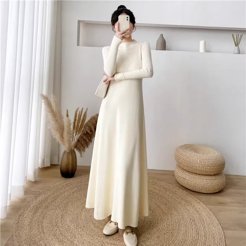Solid Color Long Sleeve Knitted Dress with Turtleneck