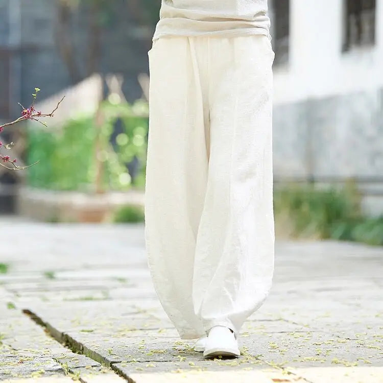 Women's Cotton Linen Wide Leg Pants with Elastic Waist