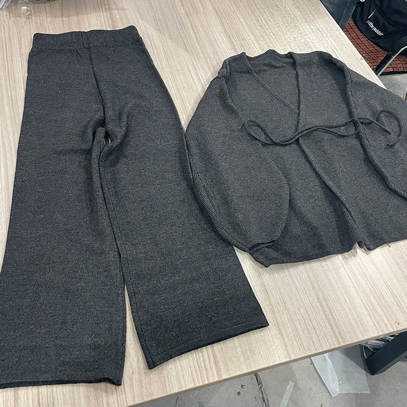 Casual Long Sleeve Sweater And High Waist Trousers Knit Set