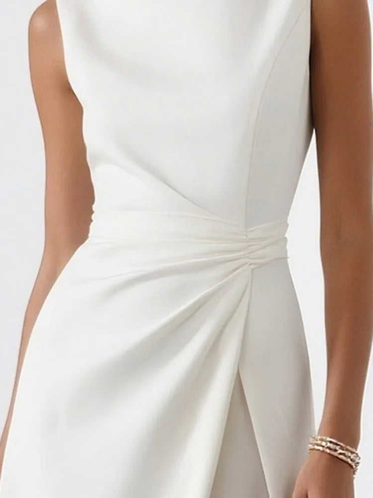 White Pleated Sleeveless A-Line Maxi Dress