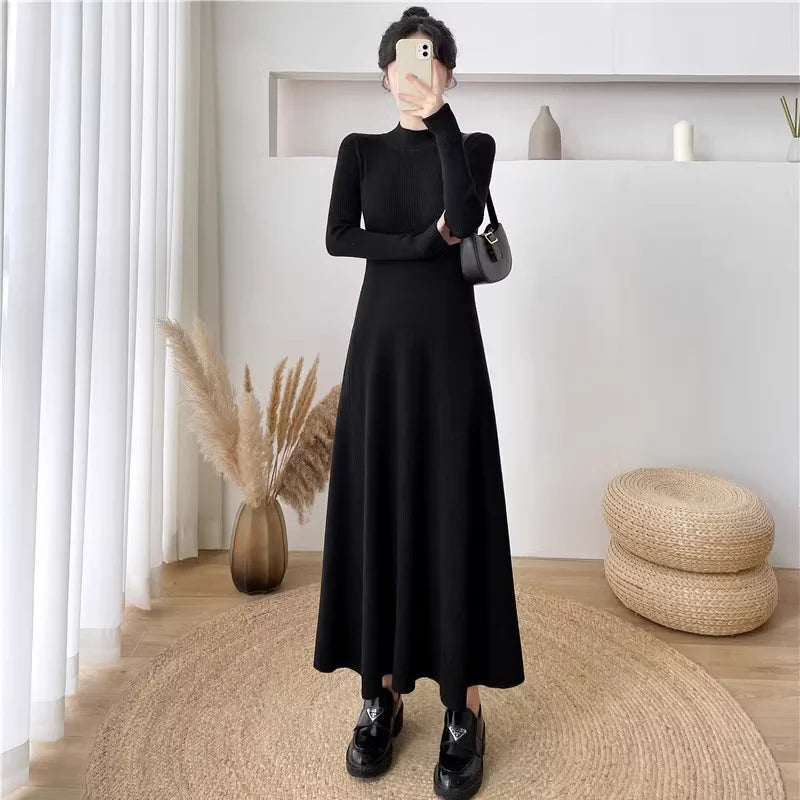 Solid Color Long Sleeve Knitted Dress with Turtleneck