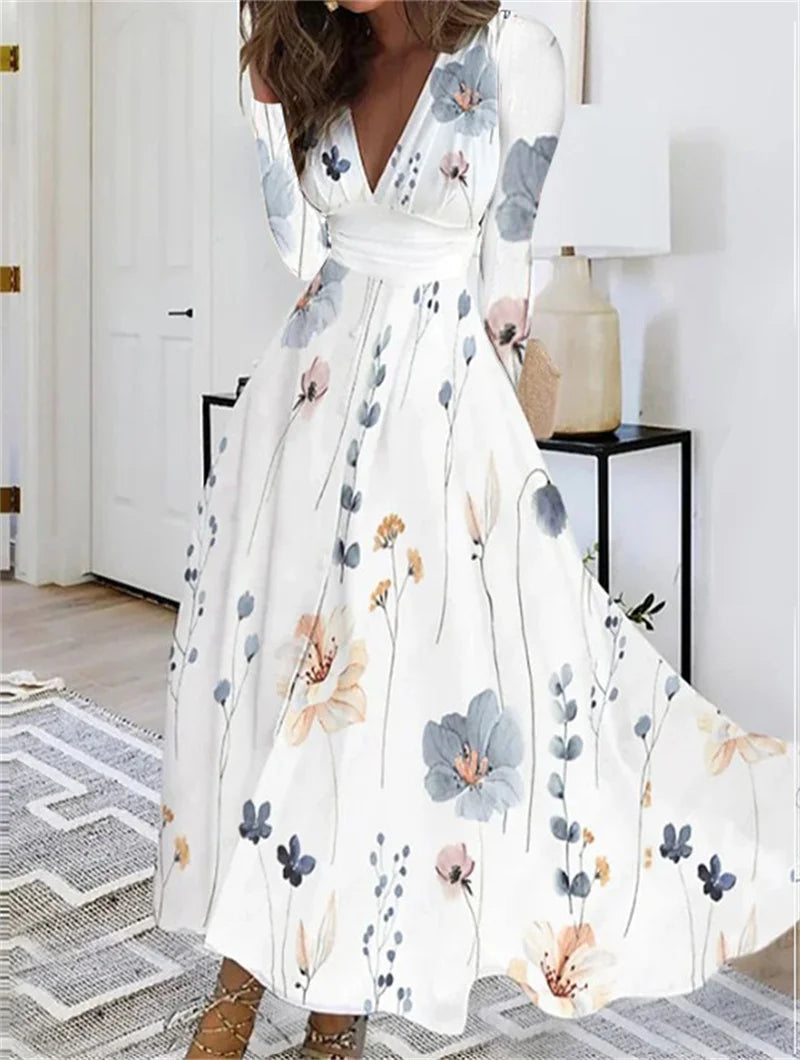 Elegant Long Sleeved Floral Print Long Dresses