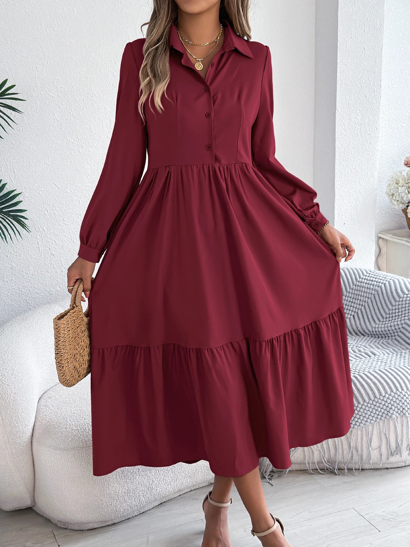 Women's Casual Button Down Long Sleeved Dress