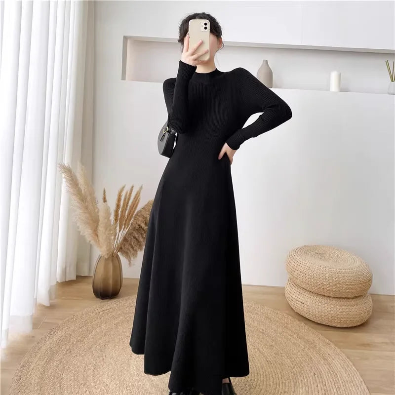 Solid Color Long Sleeve Knitted Dress with Turtleneck