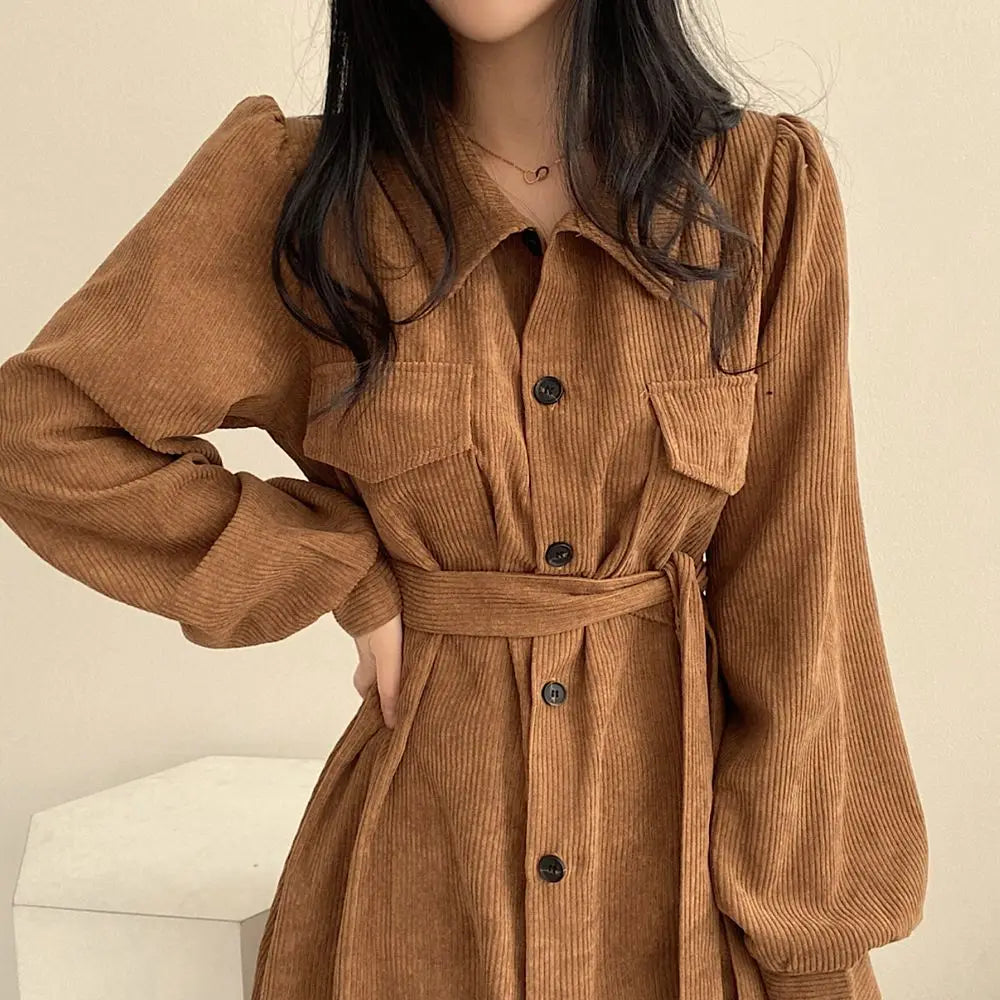 Retro Lapels Single-breasted Waist Dress