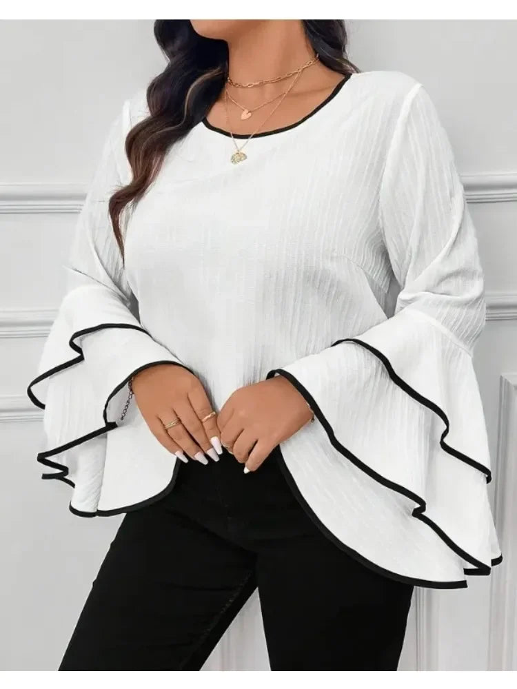 Plus-SizedWomen's Relaxed Loose Solid Color Crew-neck with Flared Long-Sleeved Top