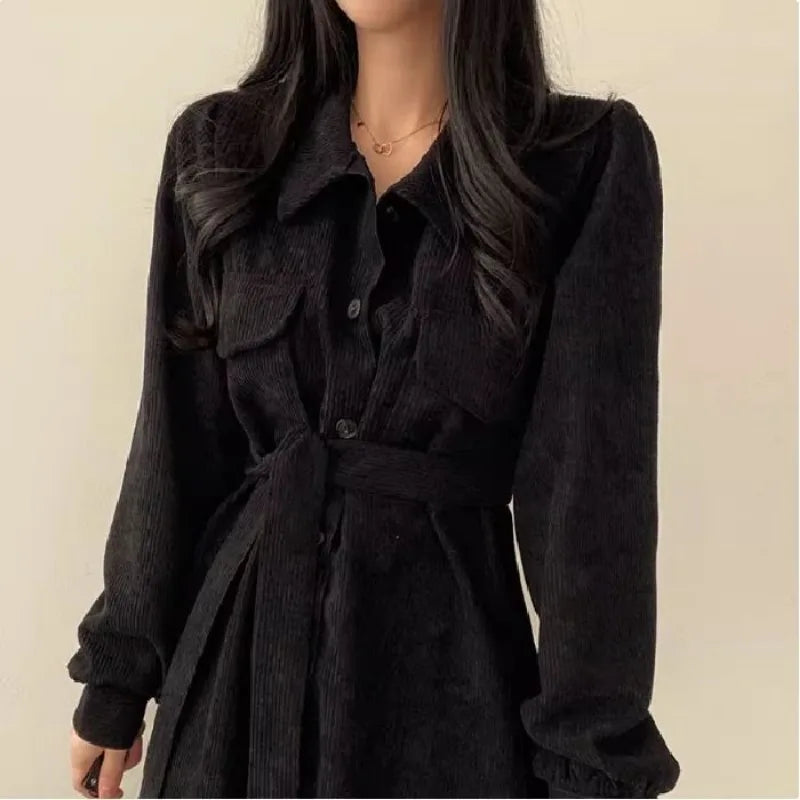 Retro Lapels Single-breasted Waist Dress