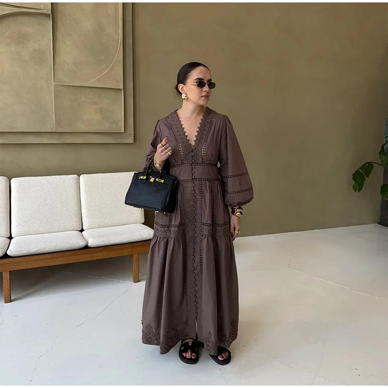 Lace Cut Out Long Puff Sleeve Maxi Dress
