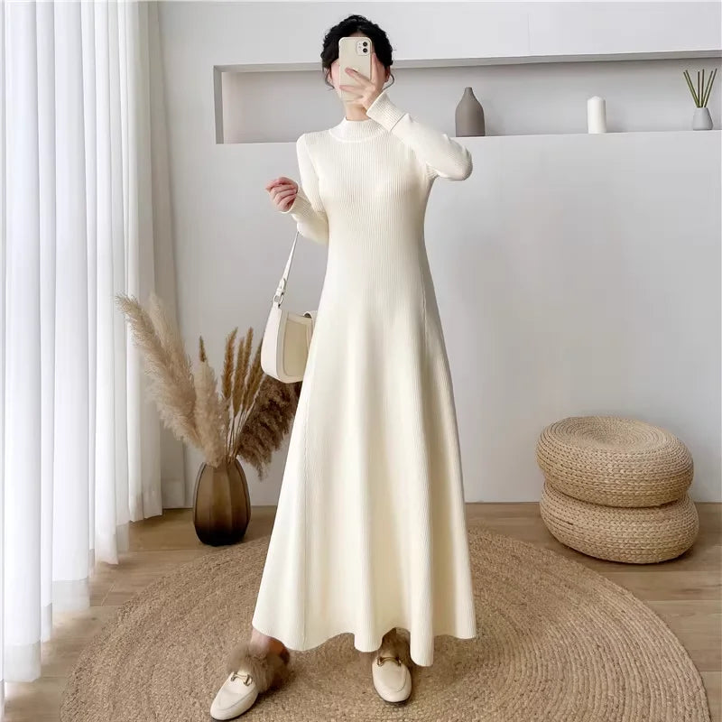 Solid Color Long Sleeve Knitted Dress with Turtleneck