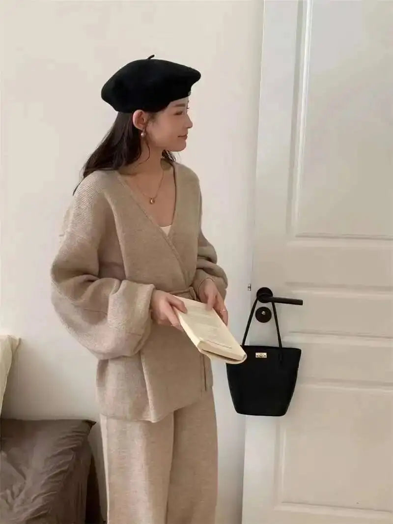 Casual Long Sleeve Sweater And High Waist Trousers Knit Set