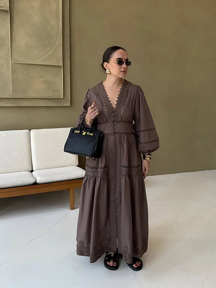 Lace Cut Out Long Puff Sleeve Maxi Dress