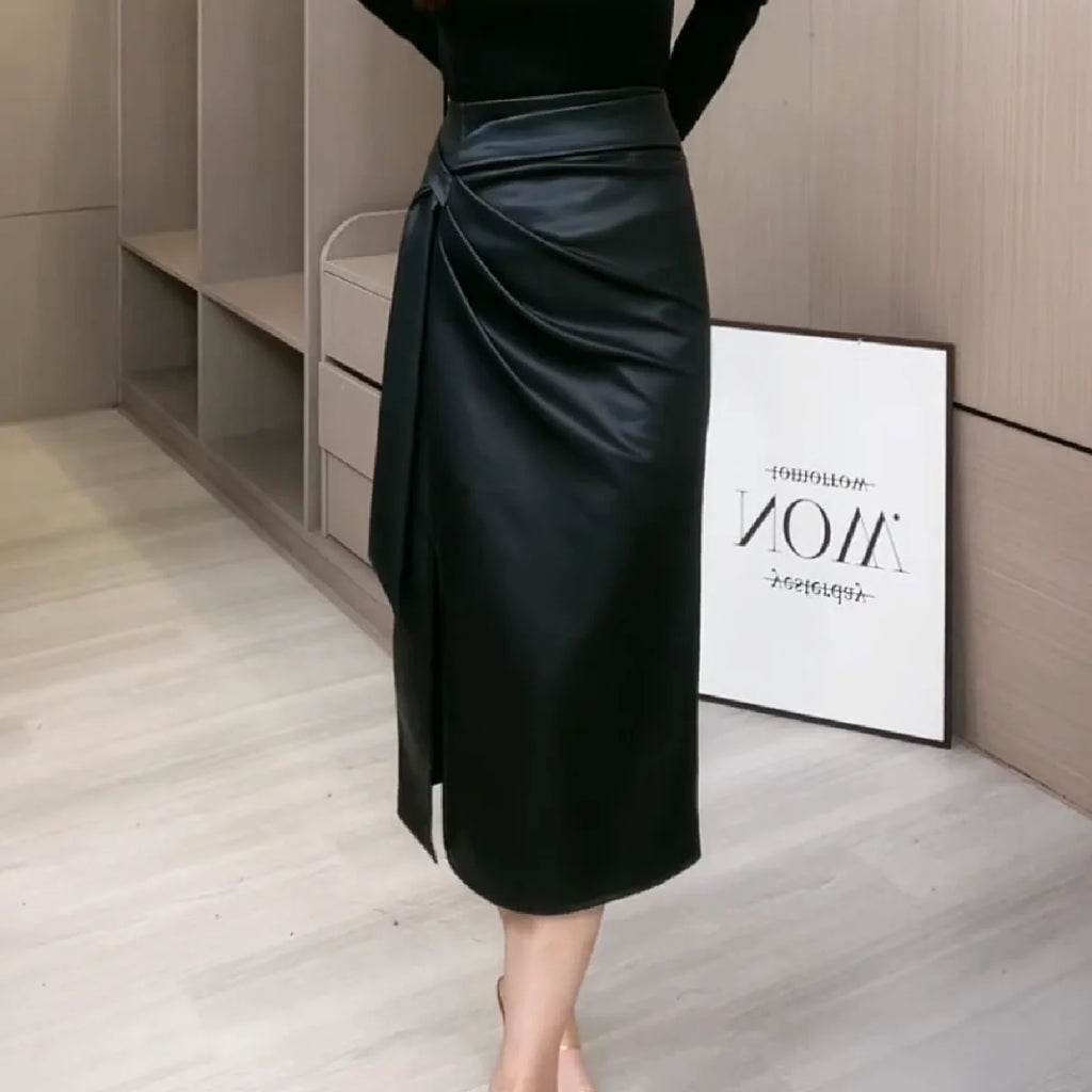 Slim Fit PU Leather Midi Skirt with Sash