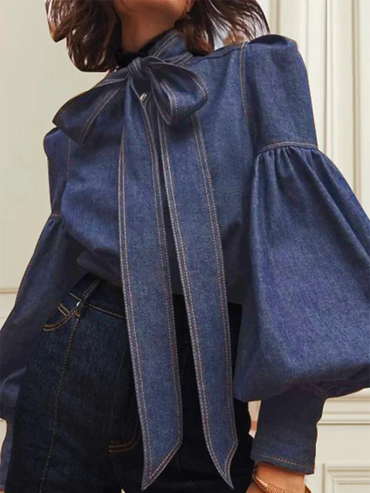 Denim Blouse with Long Puff Sleeves and Bow