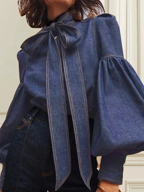 Denim Blouse with Long Puff Sleeves and Bow
