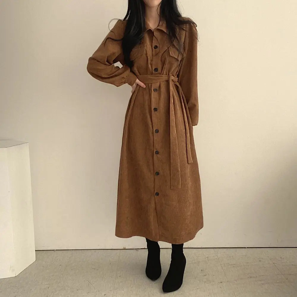 Retro Lapels Single-breasted Waist Dress