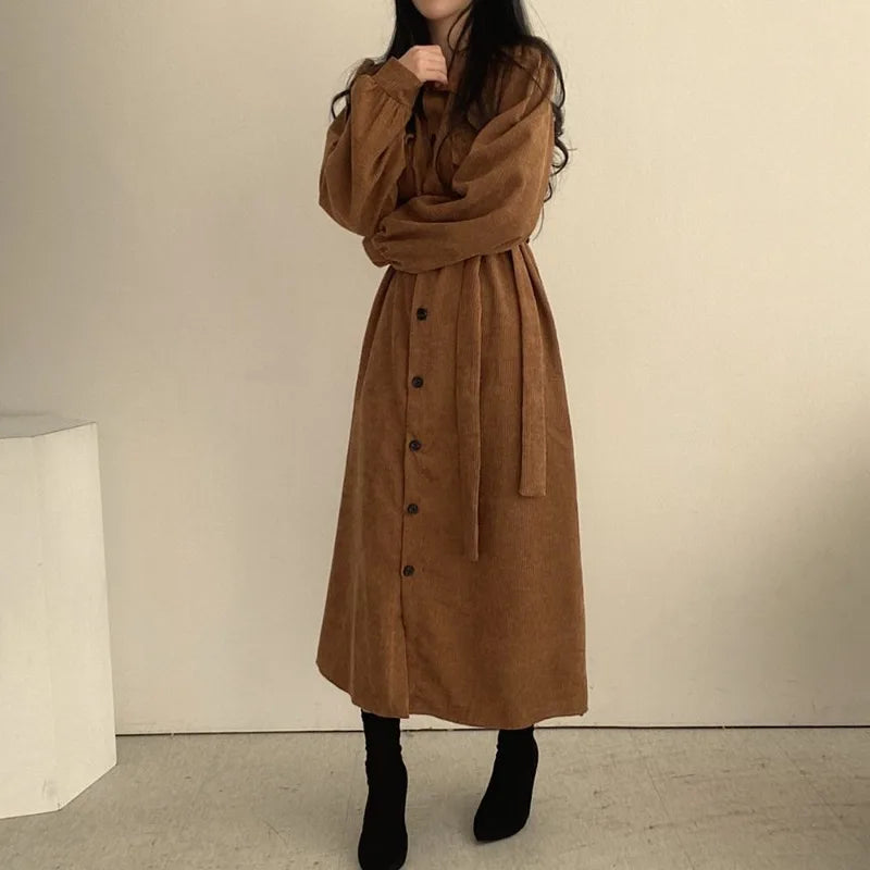 Retro Lapels Single-breasted Waist Dress