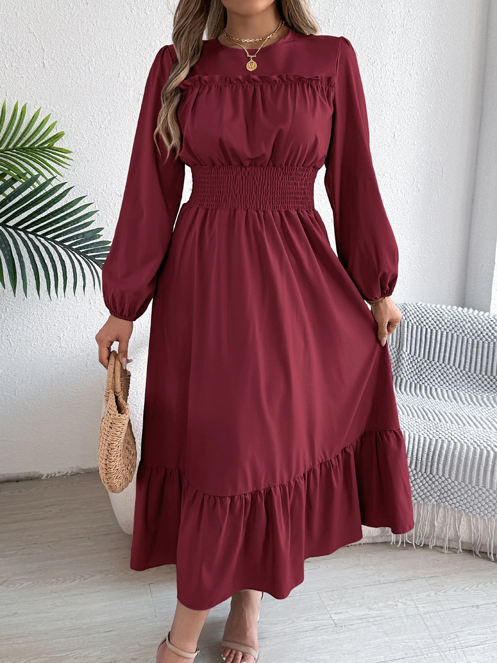 Women's Casual Elegant Round Neck Long Sleeved Waist Cinched Lotus Leaf Edge Dress