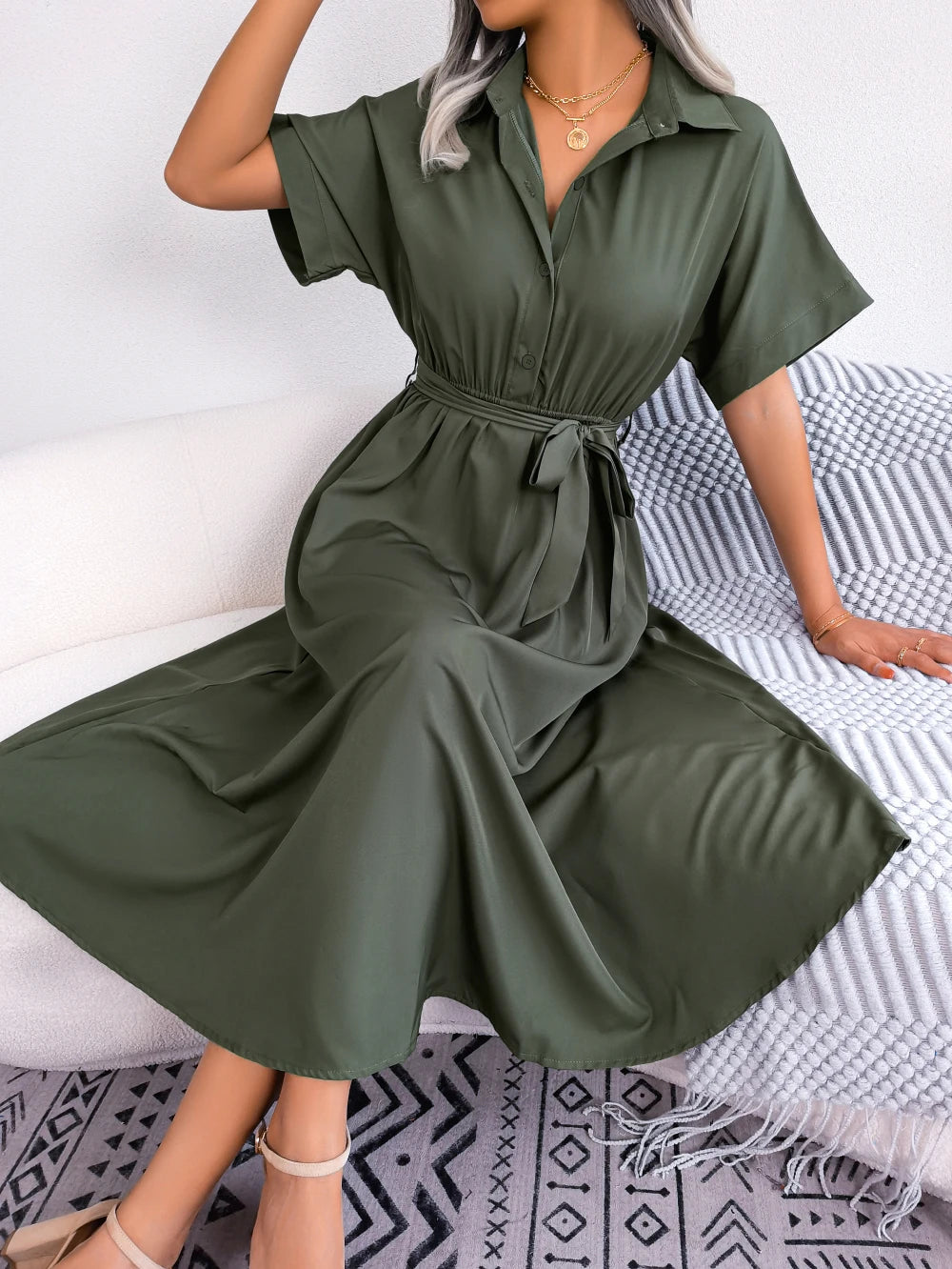 Women's Turn Down Collar Lace Up Dress