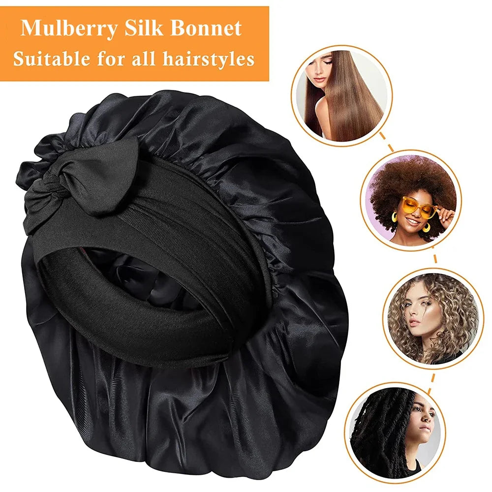 100% Mulberry Silk Sleeping Bonnet Curly Hair Adjustable Satin Sleep Cap With Wide Elastic Band