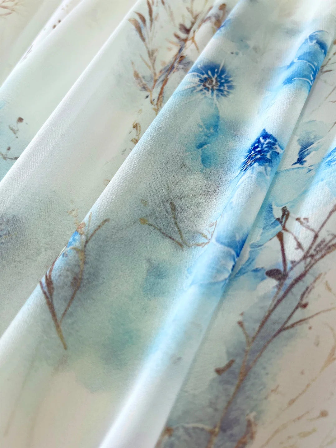 Loose A-Line Blue Long Sleeve V-Neck Floral Print Maxi Dress