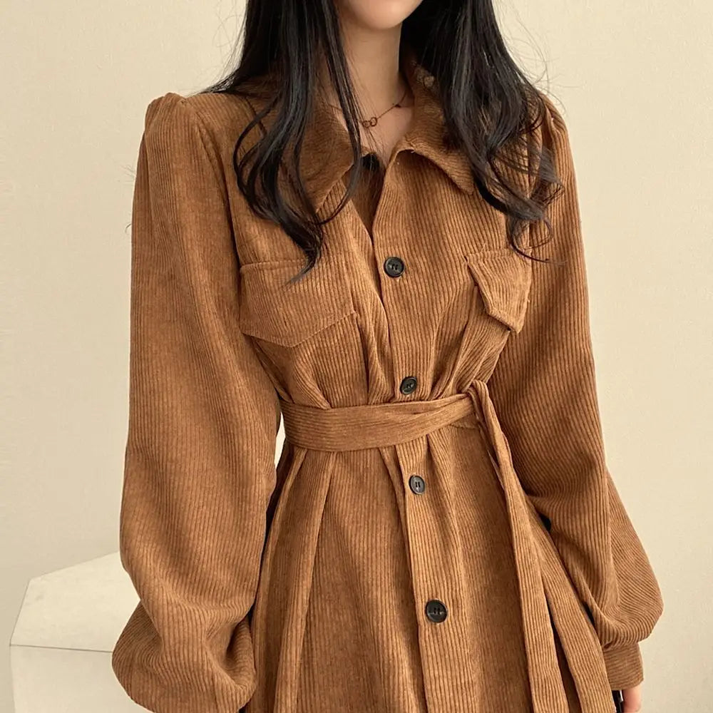 Retro Lapels Single-breasted Waist Dress