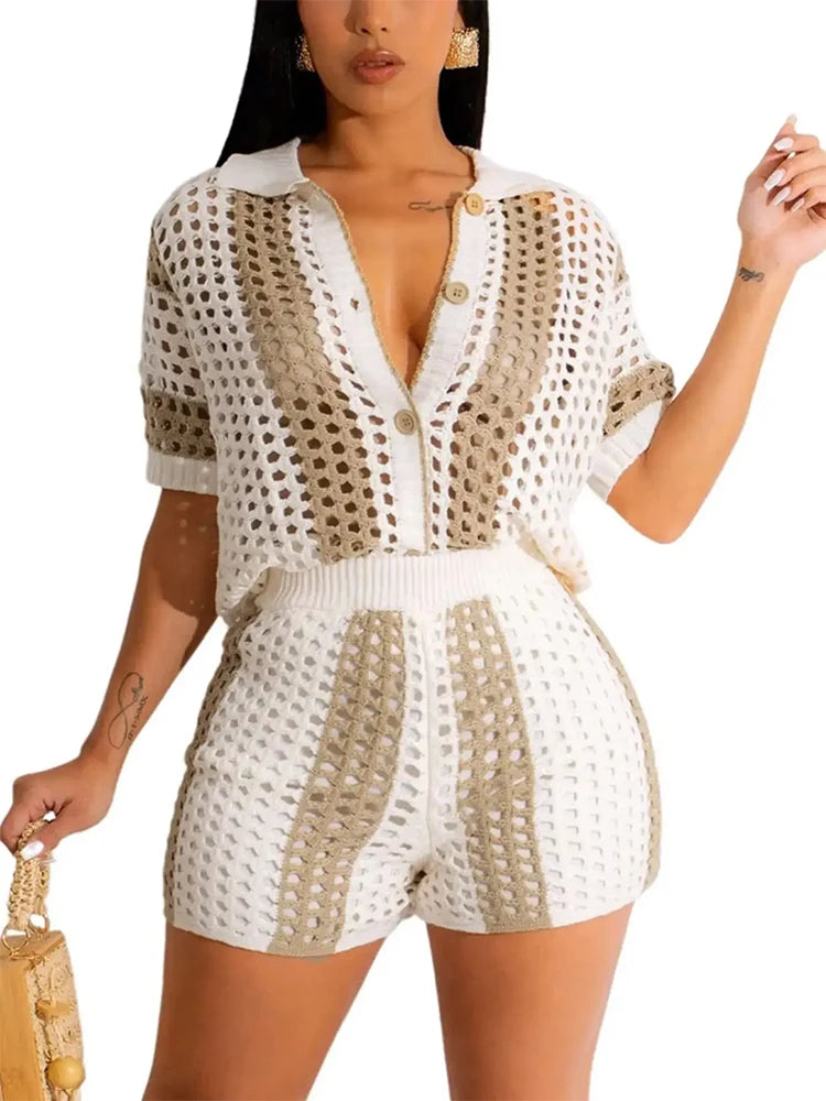 Women's 2-Piece Crochet Button Cardigan and Trouser-Shorts Beach Cover Up