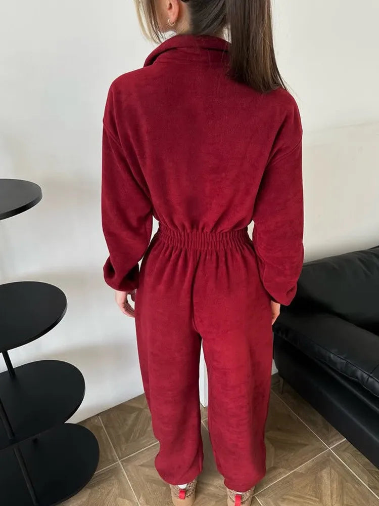 Sporty Long Sleeve Half-Zip Sports Jumpsuit with Lapel