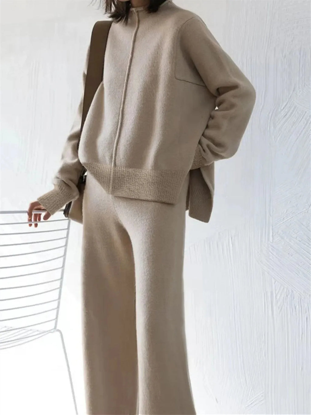 Beige Casual Oversized Knit Two-Piece Set with Half-Zip Sweater And Wide-Leg