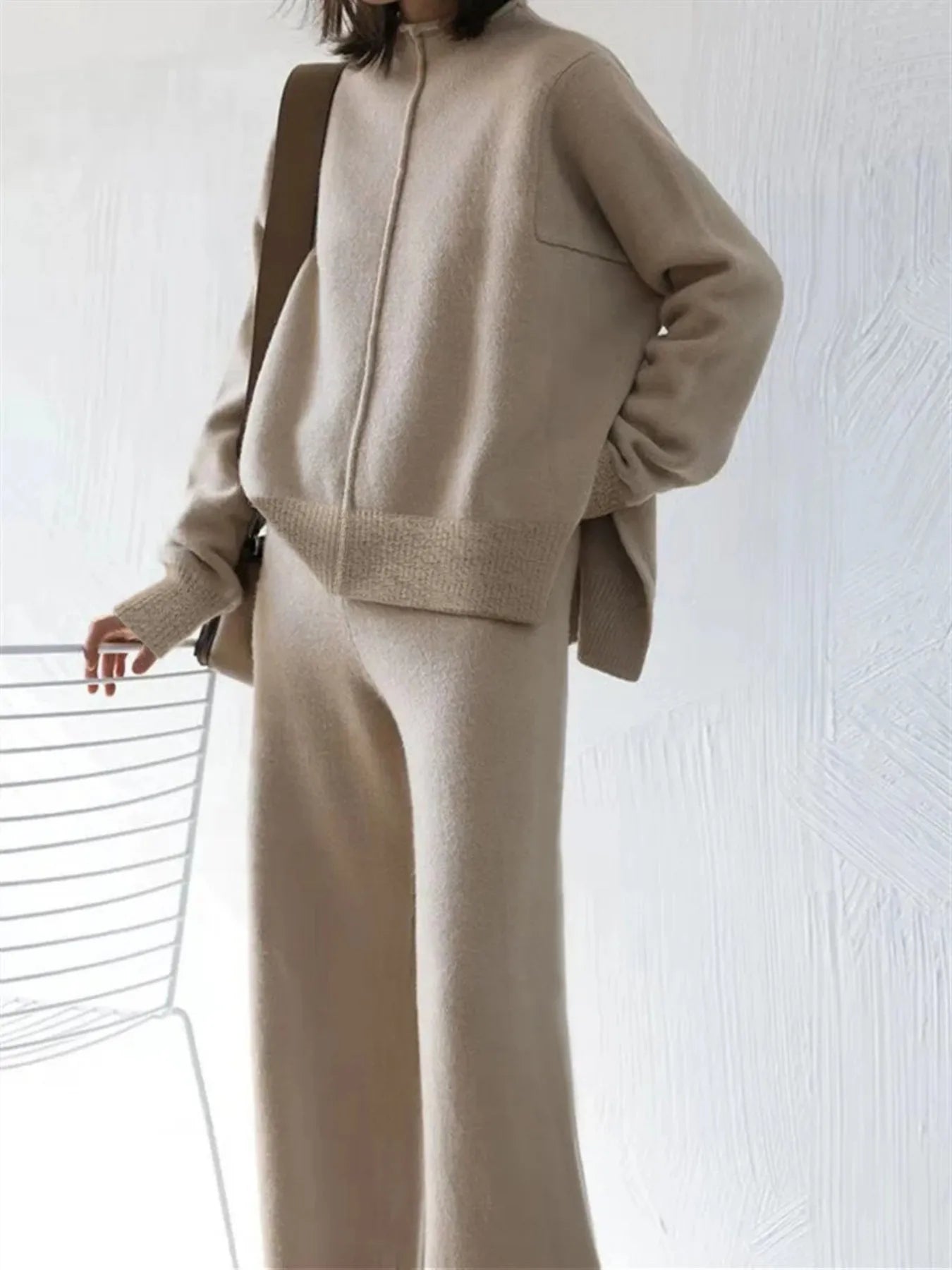 Beige Casual Oversized Knit Two-Piece Set with Half-Zip Sweater And Wide-Leg