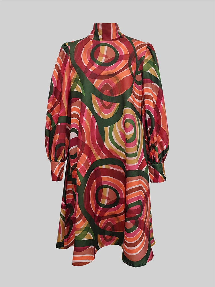 Elegant Lantern Sleeve Mid-Length Colorful Dress