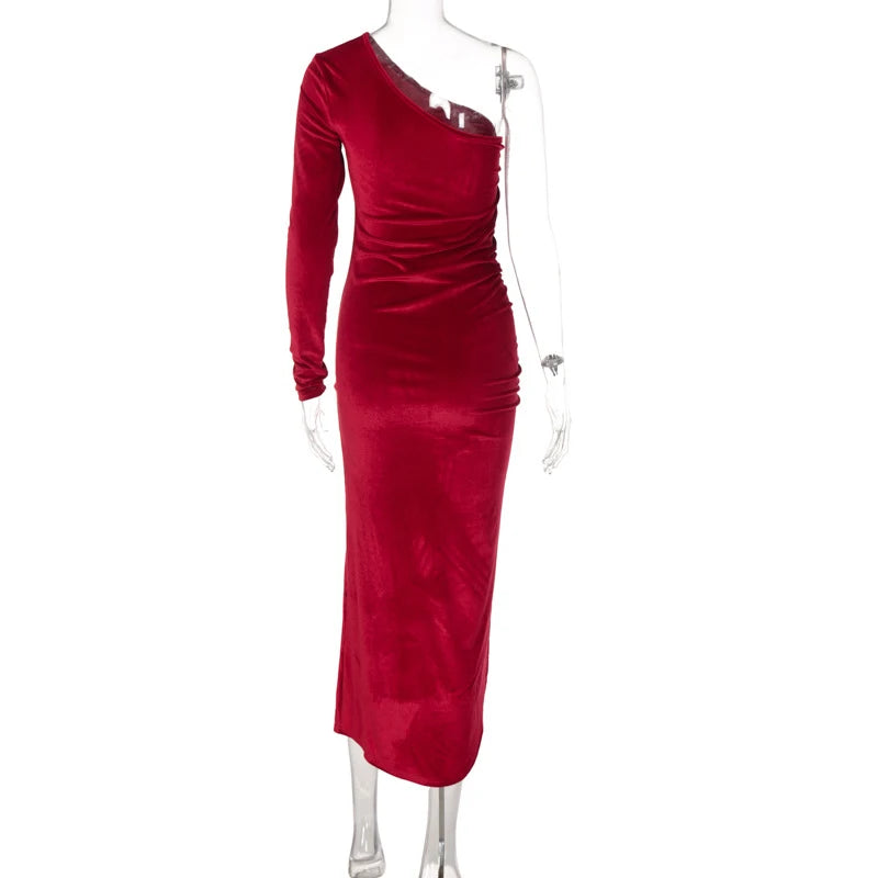 Elegant Long Sleeve Velvet Evening Dress w/Slit