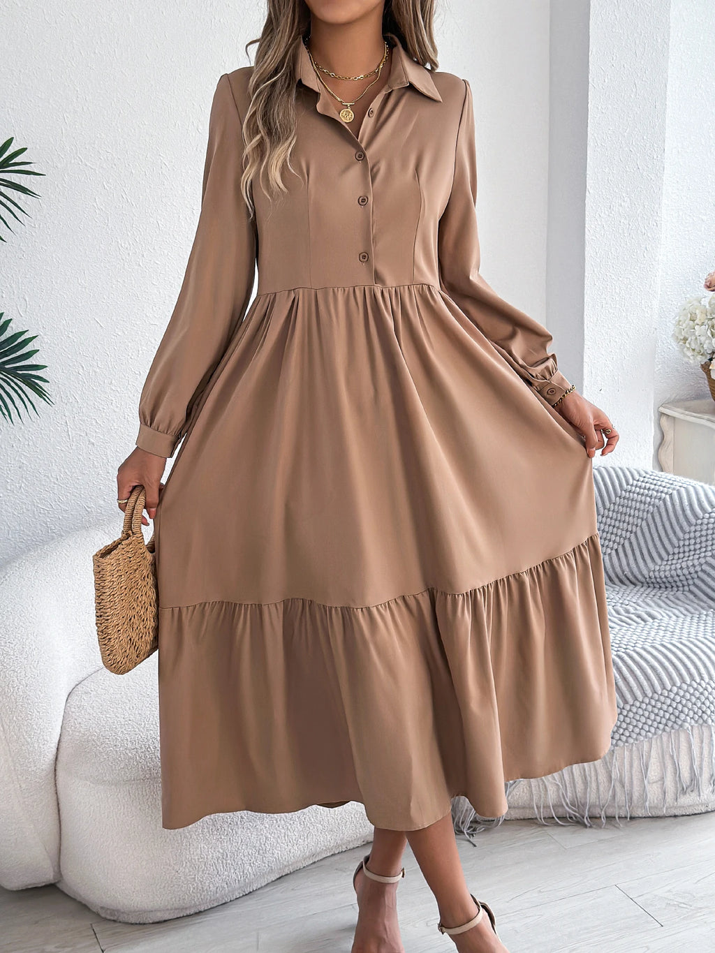 Women's Casual Button Down Long Sleeved Dress