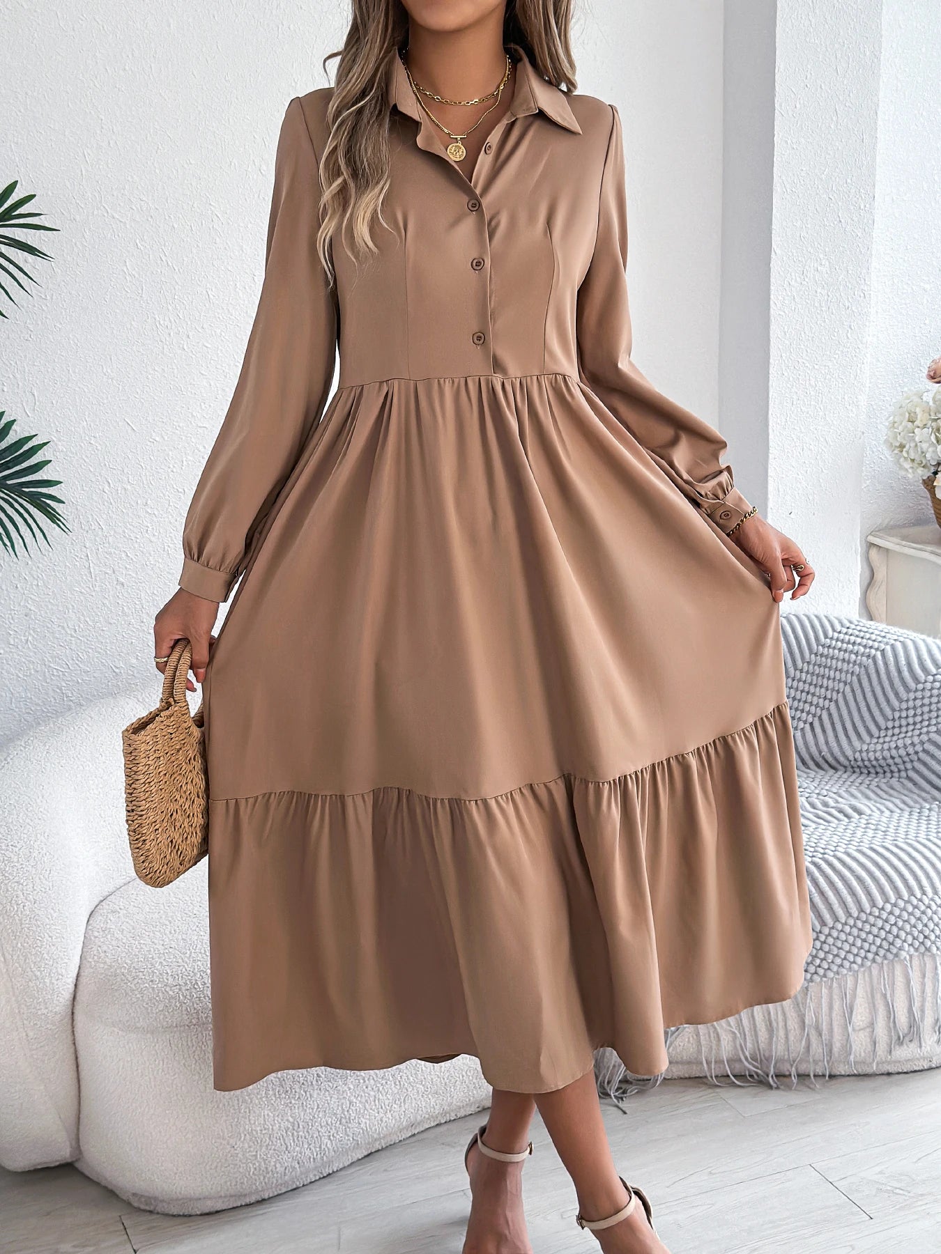 Women's Casual Button Down Long Sleeved Dress